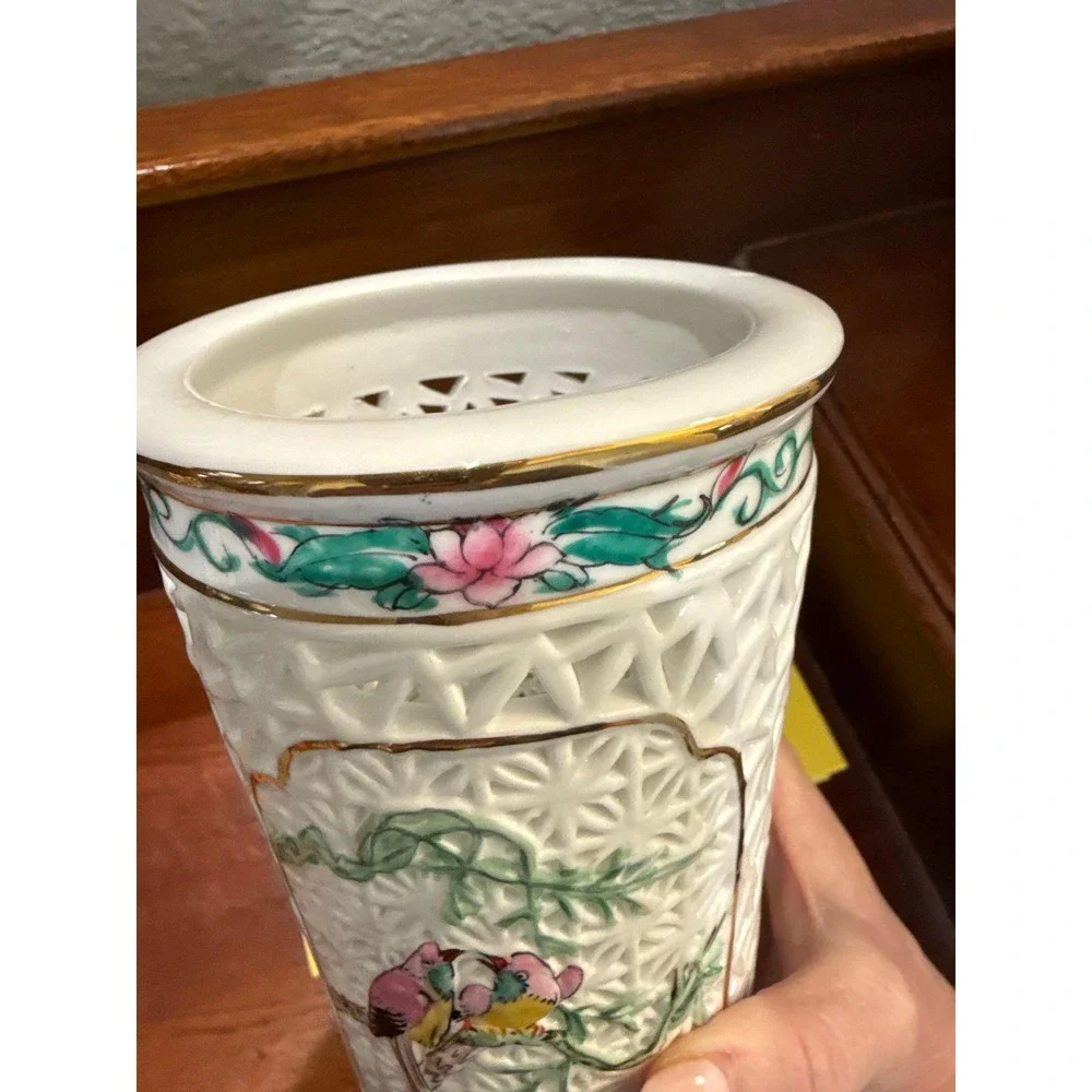 Reticulated Blanc‎ de Chine Porcelain Lantern Lamp Base or Vase MCM 8.75
